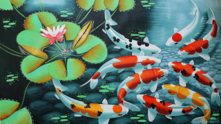 Koi fish pond lily pads - oil painting free wallpaper