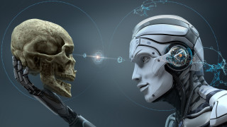 Robot skull lightbulb head holding - a robot free wallpaper for desktop