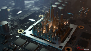 Motherboard city model surrounding parts - 8 k free wallpaper for desktop