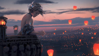 Woman sitting on ledge sky - lantern free wallpaper