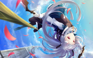 Anime character flying sword sky - her hand and a sky background free wallpaper