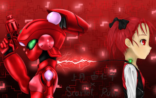 Red robot girl background squares - a red robot free wallpaper