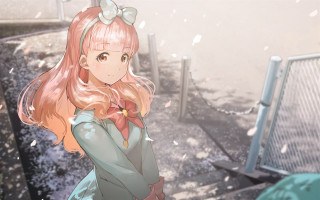 Girl pink hair bow fence - in the snow free wallpaper