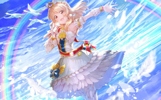 Girl white dress flying rainbow - over her free wallpaper