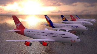 Four airplanes flying over ocean - sunset over the ocean free wallpaper