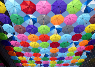 Colorful umbrellas hanging ceiling blue - neofauvism free wallpaper
