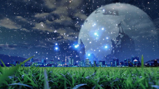 City skyline stars grass foreground - night sky free wallpaper
