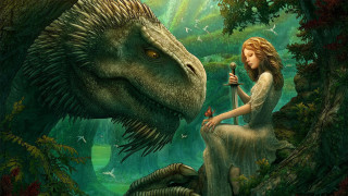 Woman dragon forest tree stump - free fantasy wallpaper