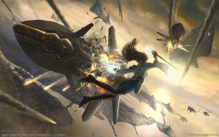 Woman flying gun spaceship smoke - clint cearley free wallpaper