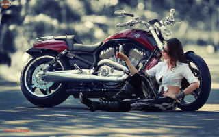 Woman sitting ground motorcycle next - great composition free wallpaper